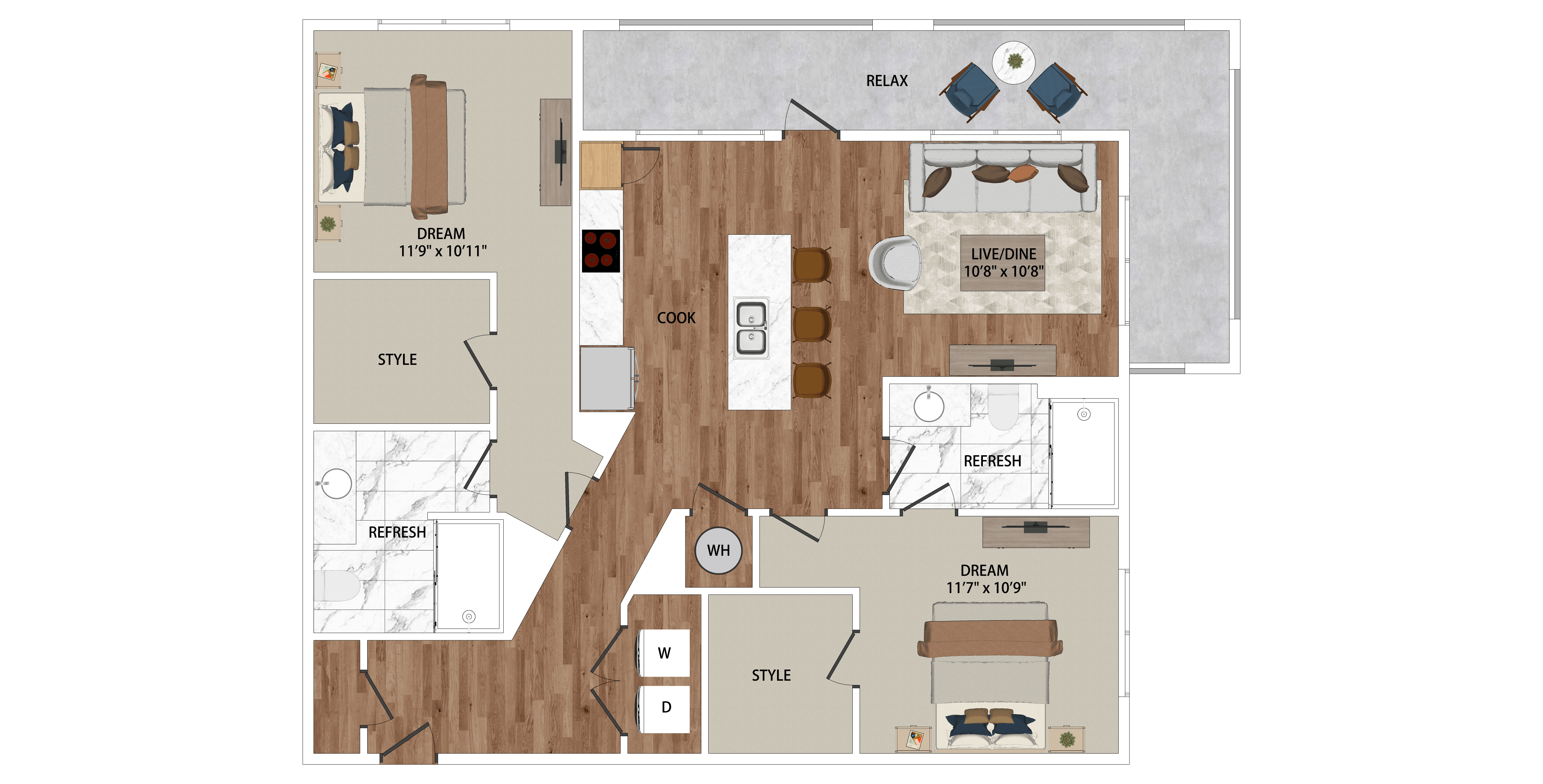 Floor plan for 2 beds, 2 baths, 1155 sqft
